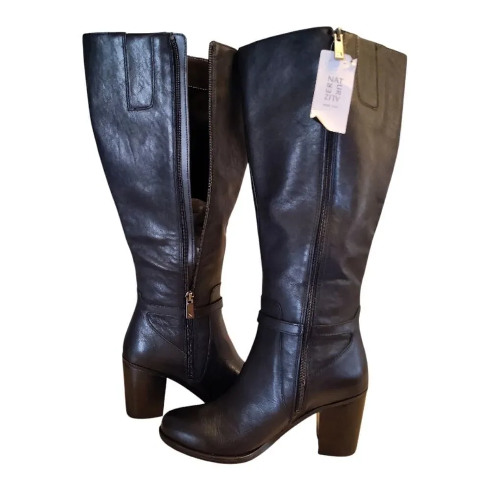 Naturalizer Kalina Black Leather Wide Calf Block Heel Knee High Boot 7.5 NWT